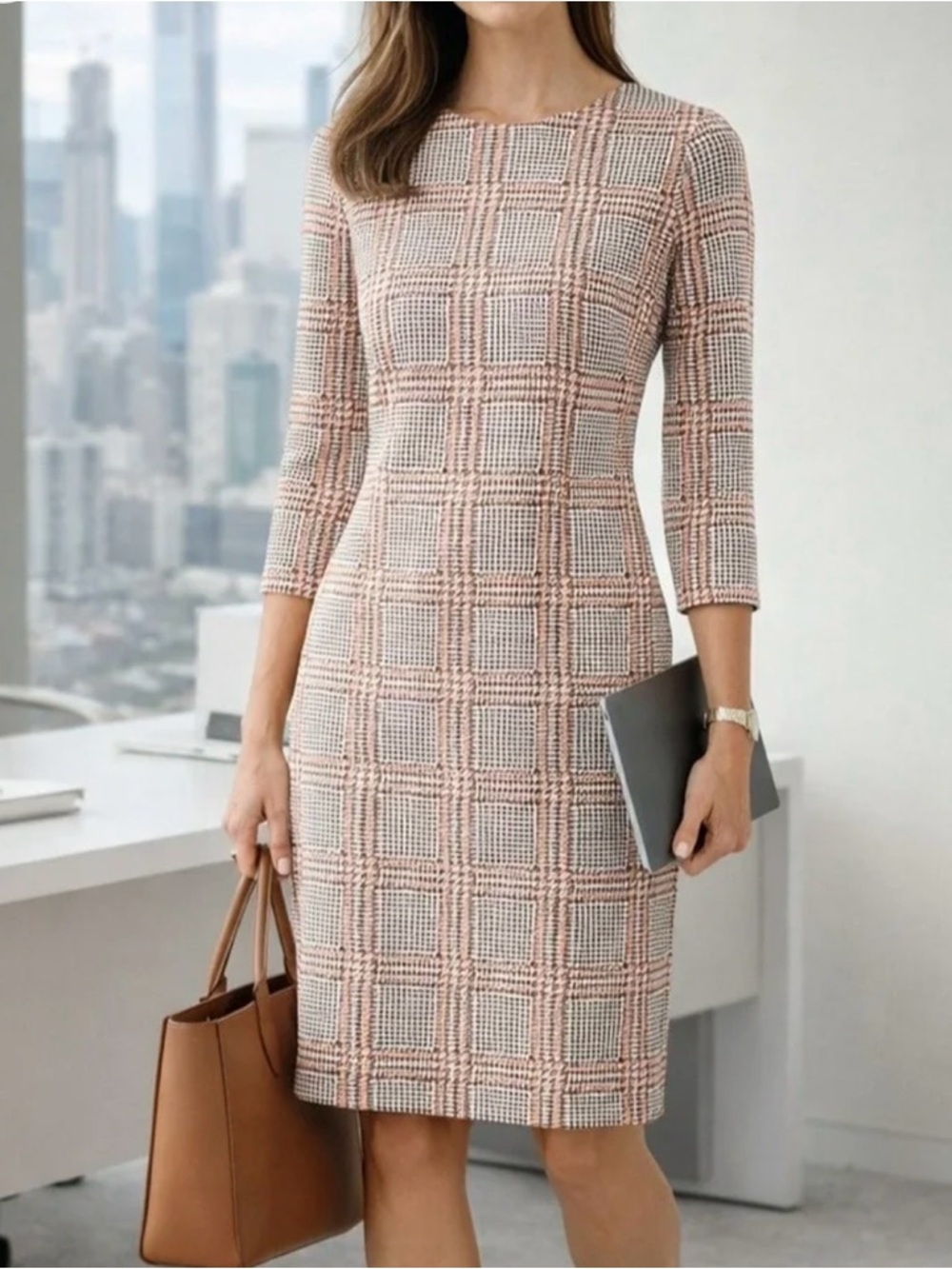 J McLaughlin Sophia Houndstooth Catalina Cloth Sheath Dress in Pink& Cream Small